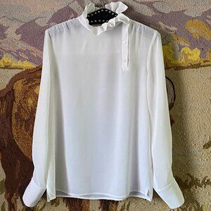 WE-AR4 White Silk Sz S The Executive Blouse Ruffled High Neck Long Sleeve